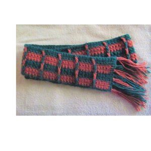 ladder-knit 4"x60"+fringe acrylic scarf in green-&-brown stripes with cross bars